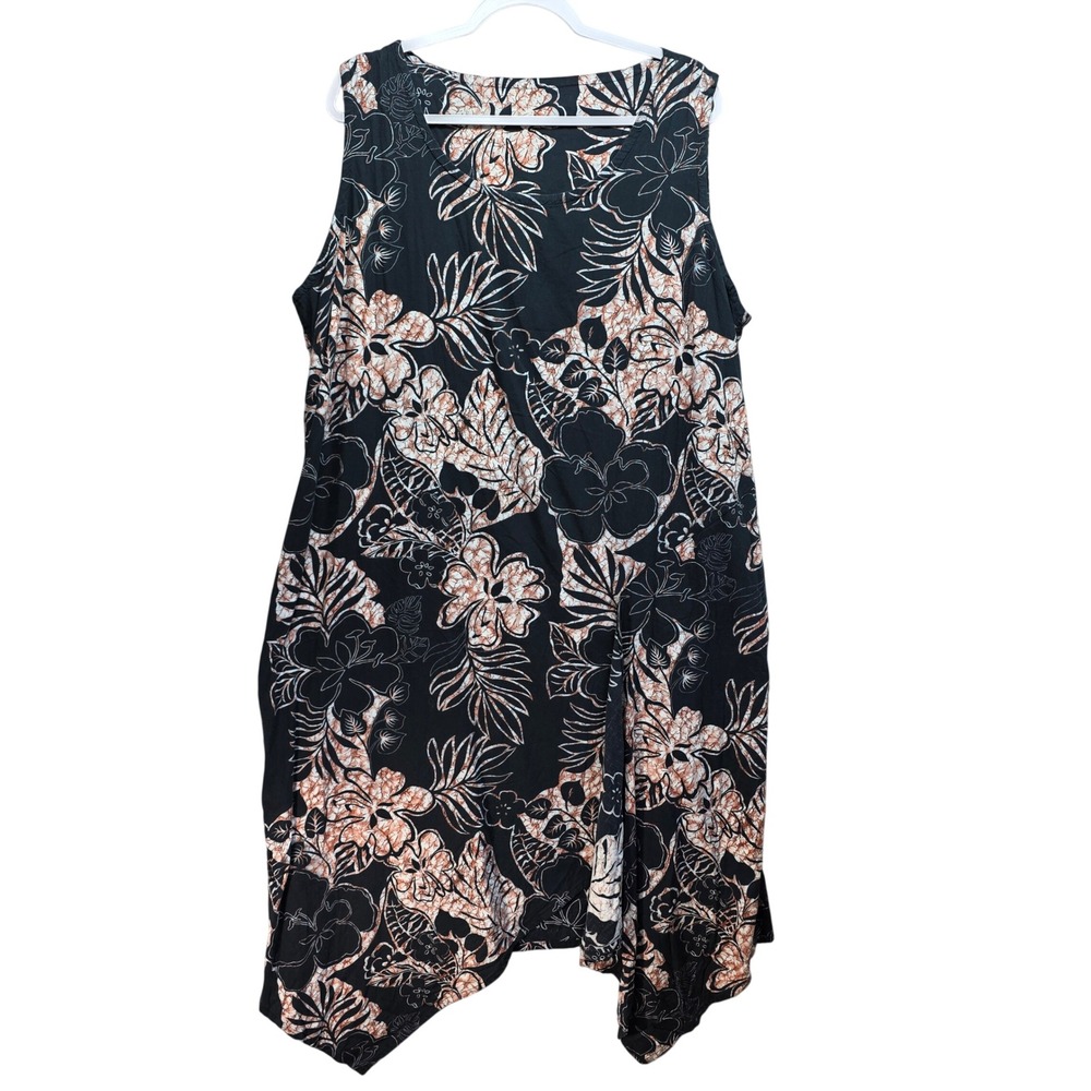 Tiki Palm Maxi Dress Womens 3X Tropical Floral Handkerchief Hem Sleeveless Brown